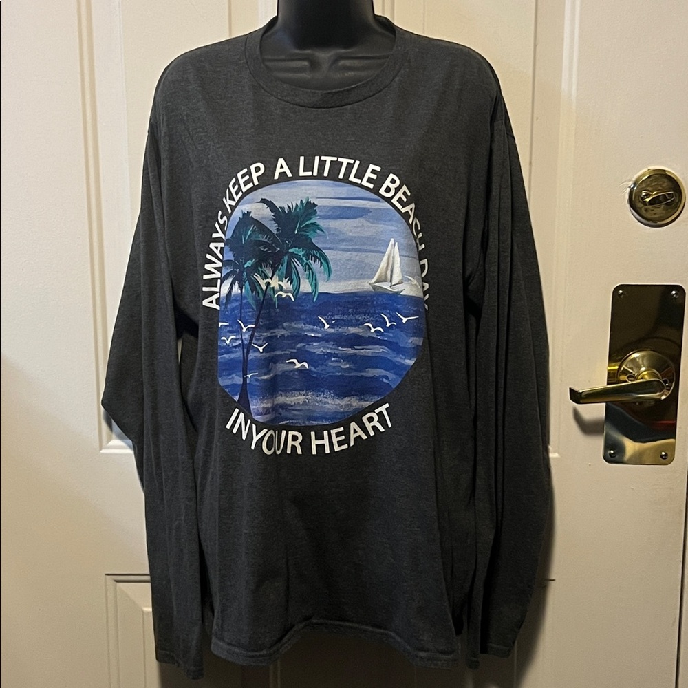 PORT & COMPANY🌊🌴 BLUE LONG SLEEVE TROPICAL OCEAN PALM TREE BEACH TSHIRT Women XL